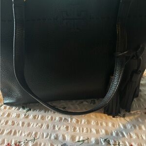 Black Tote with Tassel and Stitching